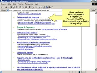 Clique aqui para  atualizar/cadastrar a empresa, o  Farmacêutico (RT), o Responsável Legal e Gestor de Segurança 