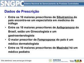 Dados de Prescrição  Entre os 10 maiores prescritores de  Sibutramina  do país encontra-se um especialista em medicina do tráfego Entre os 10 maiores prescritores de  Anfepramona  do Brasil, estão um Ginecologista e um gastroenterologista O maior prescritor de  Femproporex  do país é um médico dermatologista Entre os 10 maiores prescritores de  Mazindol  há um médico pediatra 