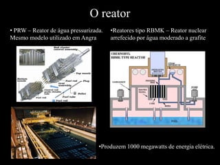 O reator
•Reatores tipo RBMK – Reator nuclear
arrefecido por água moderado a grafite
• PRW – Reator de água pressurizada.
Mesmo modelo utilizado em Angra
•Produzem 1000 megawatts de energia elétrica.
 