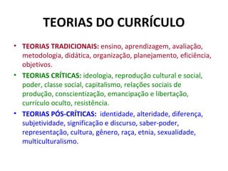 TEORIAS DO CURRÍCULO
• TEORIAS TRADICIONAIS: ensino, aprendizagem, avaliação,
  metodologia, didática, organização, planej...