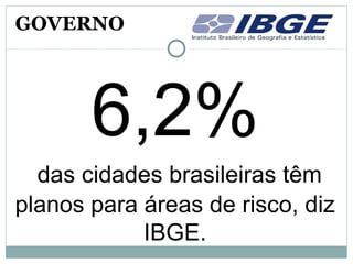 6,2%
das cidades brasileiras têm
planos para áreas de risco, diz
IBGE.
GOVERNO
 