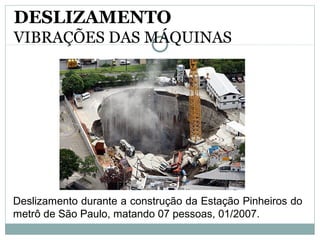 DESLIZAMENTO
VIBRAÇÕES DAS MÁQUINAS
Deslizamento durante a construção da Estação Pinheiros do
metrô de São Paulo, matando 07 pessoas, 01/2007.
 