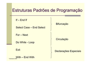 Estruturas Padrões de Programação

             If – End If
                                        Bifurcação
             Select Case – End Select

             For – Next
                                        Circulação
             Do While - Loop

             Exit
                                        Declarações Especiais

             With – End With
Tutoriais de VBA
 