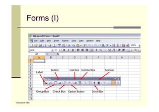 Forms (I)




                               Button        List Box Combo Box          Spinner
                   Label




                   Group Box    Check Box   Option Button   Scroll Bar



Tutoriais de VBA
 