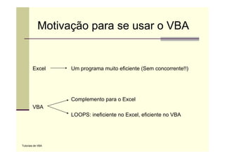 Motivação para se usar o VBA


        Excel      Um programa muito eficiente (Sem concorrente!!)




                   Complemento para o E
                   C   l    t         Excel
                                          l
        VBA
                   LOOPS: ineficiente no Excel, eficiente no VBA
                                         Excel




Tutoriais de VBA
 