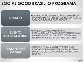 SOCIAL GOOD BRASIL, O PROGRAMA_

                • IDENTIFICAÇÃO E PREMIAÇÃO DE EXPERIÊNCIAS
   DESAFIO        INOVADORAS NO USO DE TECNOLOGIA PARA A
                  SOLUÇÃO DE PROBLEMAS SOCIAIS




                • PARTICIPAÇÃO DE PALESTRANTES
    EVENTO        INTERNACIONAIS E CASOS DE REFERÊNCIA PARA
INTERNACIONAL     UM PÚBLICO DE CERCA DE 800 PESSOAS EM
                  FLORIANÓPOLIS E MAIS DE 14000 LIVESTREAM



                • CRIAÇÃO DE UM AMBIENTE VIRTUAL ONDE
 PLATAFORMA       PESSOAS E ORGANIZAÇÕES PODEM ACESSAR
   VIRTUAL        INFORMAÇOES, CAPACITAÇÃO E FERRAMENTAS
                  DIGITAIS


                                                        12/29
 
