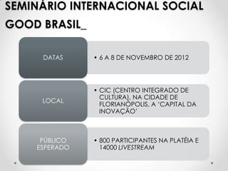 SEMINÁRIO INTERNACIONAL SOCIAL
GOOD BRASIL_

     DATAS     • 6 A 8 DE NOVEMBRO DE 2012




               • CIC (CENTRO INTEGRADO DE
                 CULTURA), NA CIDADE DE
     LOCAL
                 FLORIANÓPOLIS, A ‘CAPITAL DA
                 INOVAÇÃO’



     PÚBLICO   • 800 PARTICIPANTES NA PLATÉIA E
    ESPERADO     14000 LIVESTREAM
 