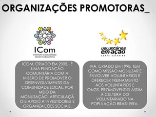 ORGANIZAÇÕES PROMOTORAS_




   ICOM, CRIADO EM 2005, É
                                IVA, CRIADO EM 1998, TEM
        UMA FUNDAÇÃO
                               COMO MISSÃO MOBILIZAR E
     COMUNITÁRIA COM A
                                ENVOLVER VOLUNTÁRIOS E
    MISSÃO DE PROMOVER O
                                 OFERECER TREINAMENTO
     DESENVOLVIMENTO DA
                                   AOS VOLUNTÁRIOS E
  COMUNIDADE LOCAL, POR
                               ONGS, PROMOVENDO ASSIM
           MEIO DA
                                      A CULTURA DO
  MOBILIZAÇÃO, ARTICULAÇÃ
                                   VOLUNTARIADO NA
  O E APOIO A INVESTIDORES E
                                 POPULAÇÃO BRASILEIRA.
    ORGANIZAÇÕES SOCIAIS.
 