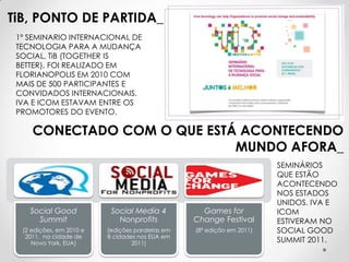 TiB, PONTO DE PARTIDA_
 1º SEMINARIO INTERNACIONAL DE
 TECNOLOGIA PARA A MUDANÇA
 SOCIAL, TiB (TOGETHER IS
 BETTER), FOI REALIZADO EM
 FLORIANOPOLIS EM 2010 COM
 MAIS DE 500 PARTICIPANTES E
 CONVIDADOS INTERNACIONAIS.
 IVA E ICOM ESTAVAM ENTRE OS
 PROMOTORES DO EVENTO.

     CONECTADO COM O QUE ESTÁ ACONTECENDO
                             MUNDO AFORA_
                                                                        SEMINÁRIOS
                                                                        QUE ESTÃO
                                                                        ACONTECENDO
                                                                        NOS ESTADOS
                                                                        UNIDOS. IVA E
    Social Good            Social Media 4           Games for           ICOM
      Summit                 Nonprofits           Change Festival       ESTIVERAM NO
  (2 edições, em 2010 e   (edições paralelas em   (8ª edição em 2011)   SOCIAL GOOD
   2011, na cidade de     8 cidades nos EUA em
     Nova York, EUA)              2011)                                 SUMMIT 2011.
 