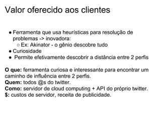 Valor oferecido aos clientes

 ● Ferramenta que usa heurísticas para resolução de
   problemas -> inovadora:
    ○ Ex: Akinator - o gênio descobre tudo
 ● Curiosidade
 ● Permite efetivamente descobrir a distância entre 2 perfis

O que: ferramenta curiosa e interessante para encontrar um
caminho de influência entre 2 perfis.
Quem: todos @s do twitter.
Como: servidor de cloud computing + API do próprio twitter.
$: custos de servidor, receita de publicidade.
 