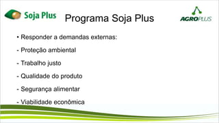 • Responder a demandas externas:
- Proteção ambiental
- Trabalho justo
- Qualidade do produto
- Segurança alimentar
- Viabilidade econômica
Programa Soja Plus
 