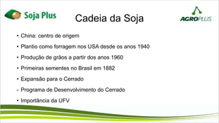 Cadeia da Soja
• China: centro de origem
• Plantio como forragem nos USA desde os anos 1940
• Produção de grãos a partir dos anos 1960
• Primeiras sementes no Brasil em 1882
• Expansão para o Cerrado
- Programa de Desenvolvimento do Cerrado
• Importância da UFV
 