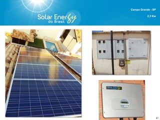 -  Elaboração da documentação técnica
-  Produção do Gerador Solar Fotovoltaico
-  Logística de entrega do Gerador Solar Fotovoltaico
-  Registro do Projeto no CREA
-  Instalação do Gerador Solar Fotovoltaico
-  Gestão do Projeto junto a concessionária de Energia local
-  Acompanhamento da Instalação do novo medidor Bidirecional pela Concessionária de Energia
Local
-  Acompanhamento da Liberação para Compensação de Energia pela Concessionária Local
-  Acompanhamento das primeiras contas de energia para verificação do procedimento de
compensação de energia
-  Atendimento e Garantia do Sistema Solar Fotovoltaico por 5, 10, 15 e 25 anos de acordo com
contrato de garantia estendida.
O QUE ENTREGAMOS AOS
NOSSOS CLIENTES.
 