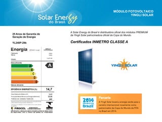 Utilizando os créditos de energia solar à
noite.
A concessionária fornece a energia e realiza a compensação em um
sistema de crédito e débito.
Os créditos de energia podem ser utilizados em até 36 meses.
PAINEL SOLAR
INVERSOR ON GRID
MEDIDOR DE ENERGIA
1
2
3
FONTE DE ENERGIA SOLAR
 