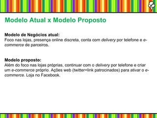 Modelo Atual x Modelo Proposto Modelo de Negócios atual: Foco nas lojas, presença online discreta, conta com  delivery  por telefone e  e-commerce  de parceiros. Modelo proposto: Além do foco nas lojas próprias, continuar com o  delivery  por telefone e criar um  e-commerce  próprio. Ações web (twitter+link patrocinados) para ativar o  e-commerce . Loja no Facebook. 