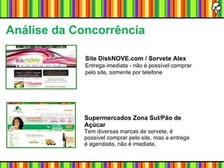 Análise da Concorrência   Site DiskNOVE.com / Sorvete Alex   Entrega imediata - não é possível comprar pelo site, somente por telefone Supermercados Zona Sul/Pão de Açúcar   Tem diversas marcas de sorvete, é possível comprar pelo site, mas a entrega é agendada, não é imediata. 