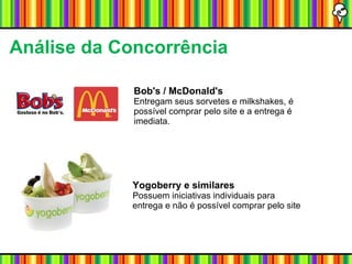 Bob's / McDonald's   Entregam seus sorvetes e milkshakes, é possível comprar pelo site e a entrega é imediata. Yogoberry e similares   Possuem iniciativas individuais para entrega e não é possível comprar pelo site Análise da Concorrência   