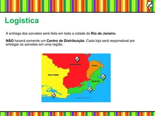 A entrega dos sorvetes será feita em toda a cidade do  Rio de Janeiro . NÃO  haverá somente um  Centro de Distribuição . Cada loja será responsável por entregar os sorvetes em uma região. Logística 