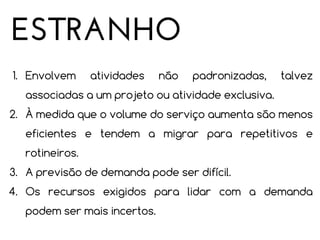 ESTRANHO
1. Envolvem

atividades

não

padronizadas,

talvez

associadas a um projeto ou atividade exclusiva.
2. À medida que o volume do serviço aumenta são menos
eficientes e tendem a migrar para repetitivos e
rotineiros.
3. A previsão de demanda pode ser difícil.
4. Os recursos exigidos para lidar com a demanda
podem ser mais incertos.

 