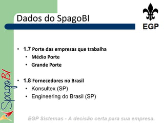 Dados do SpagoBI

• 1.7 Porte das empresas que trabalha
   • Médio Porte
   • Grande Porte

• 1.8 Fornecedores no Brasil
   • Konsultex (SP)
   • Engineering do Brasil (SP)
 