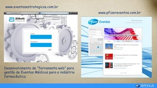 www.eventosestrategicos.com.br
www.pfizereventos.com.br
Desenvolvimento de “ferramenta web” para
gestão de Eventos Médicos para a indústria
farmacêutica.
 