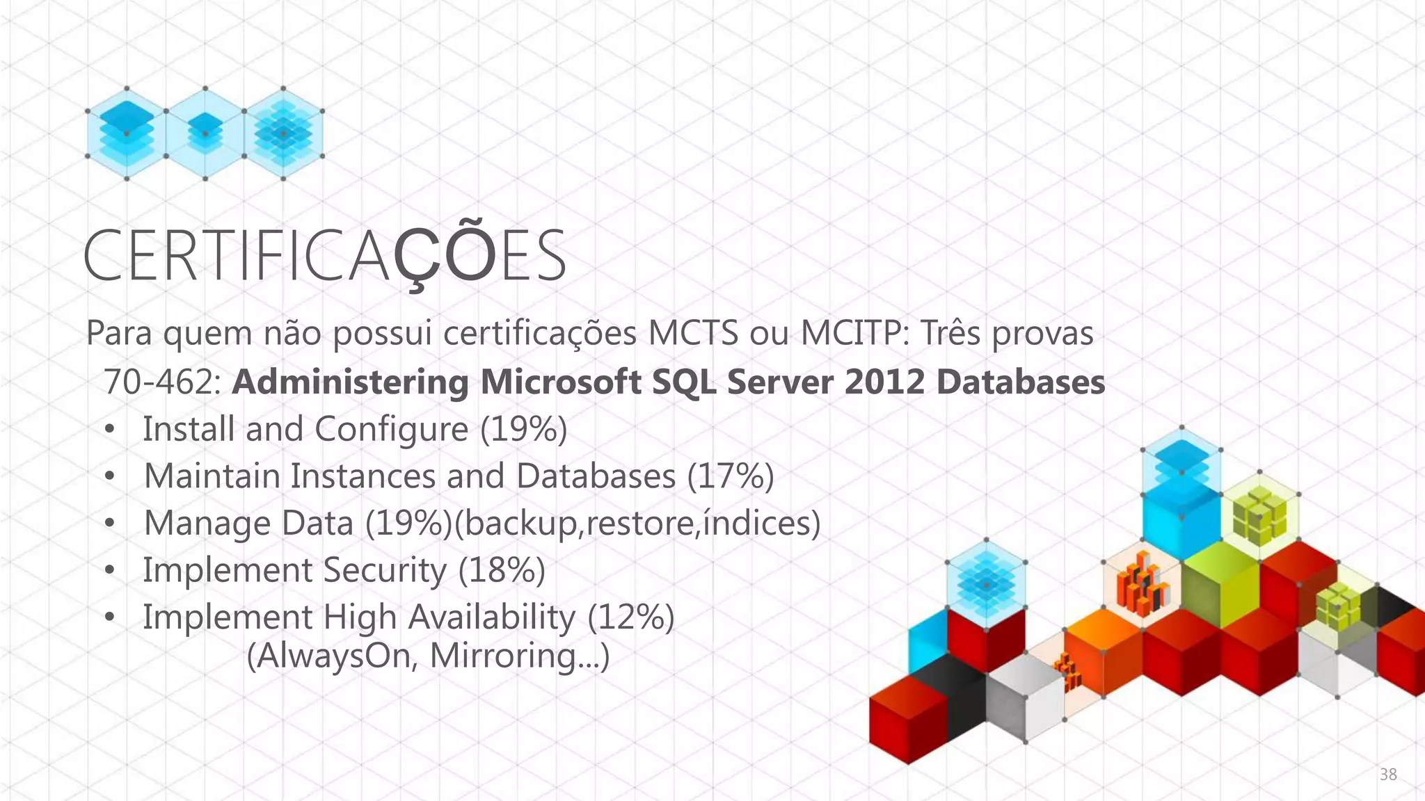 CERTIFICAÇÕES
Para quem não possui certificações MCTS ou MCITP: Três provas
 70-462: Administering Microsoft SQL Server 2012 Databases
 • Install and Configure (19%)
 • Maintain Instances and Databases (17%)
 • Manage Data (19%)(backup,restore,índices)
 • Implement Security (18%)
 • Implement High Availability (12%)
           (AlwaysOn, Mirroring...)


                                                                38
 