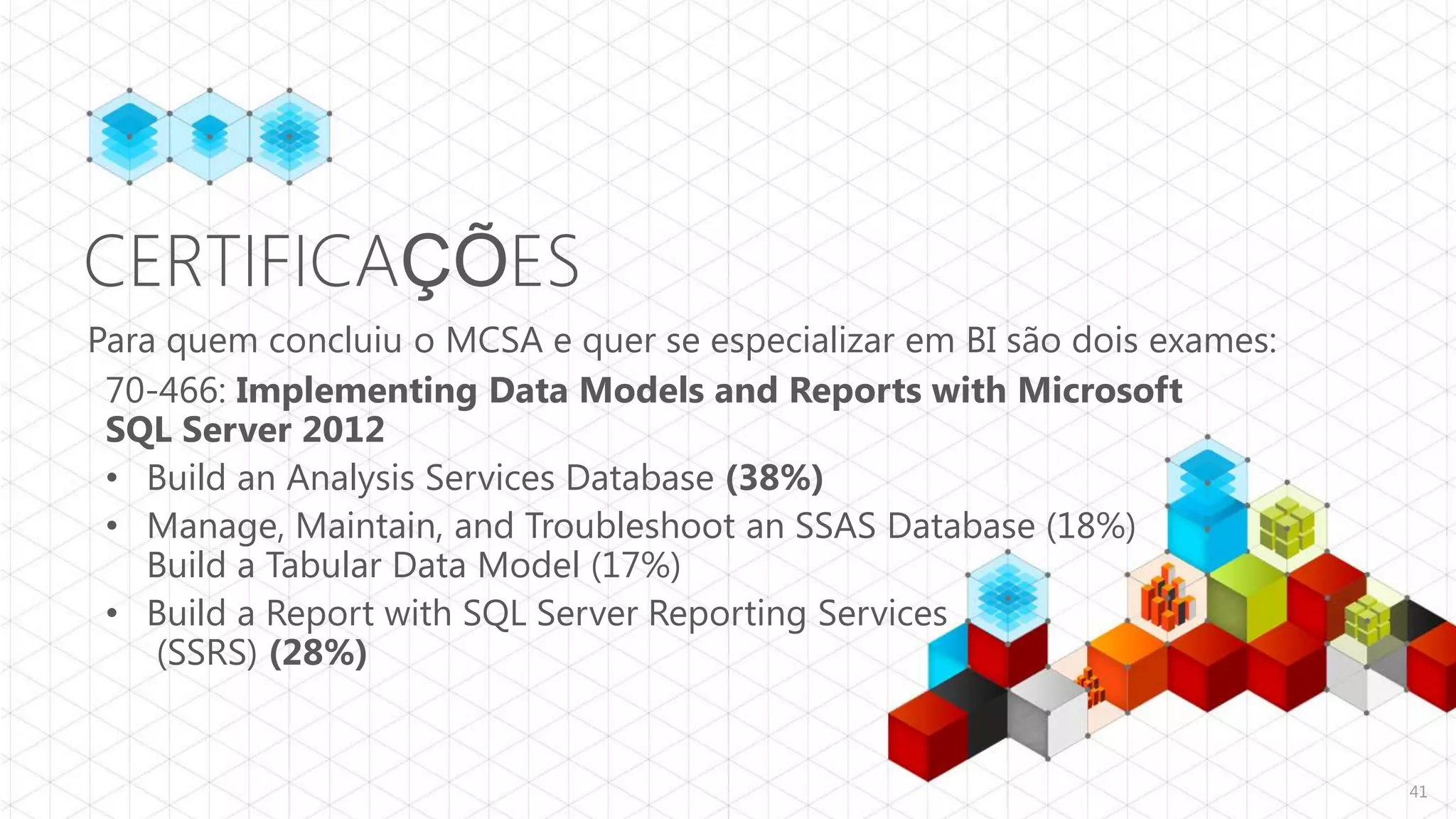 CERTIFICAÇÕES
Para quem concluiu o MCSA e quer se especializar em BI são dois exames:
 70-466: Implementing Data Models and Reports with Microsoft
 SQL Server 2012
 • Build an Analysis Services Database (38%)
 • Manage, Maintain, and Troubleshoot an SSAS Database (18%)
   Build a Tabular Data Model (17%)
 • Build a Report with SQL Server Reporting Services
    (SSRS) (28%)


                                                                          41
 