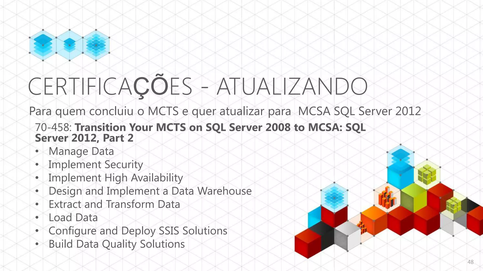 CERTIFICAÇÕES - ATUALIZANDO
Para quem concluiu o MCTS e quer atualizar para MCSA SQL Server 2012
 70-458: Transition Your MCTS on SQL Server 2008 to MCSA: SQL
 Server 2012, Part 2
 • Manage Data
 • Implement Security
 • Implement High Availability
 • Design and Implement a Data Warehouse
 • Extract and Transform Data
 • Load Data
 • Configure and Deploy SSIS Solutions
 • Build Data Quality Solutions
                                                                       48
 
