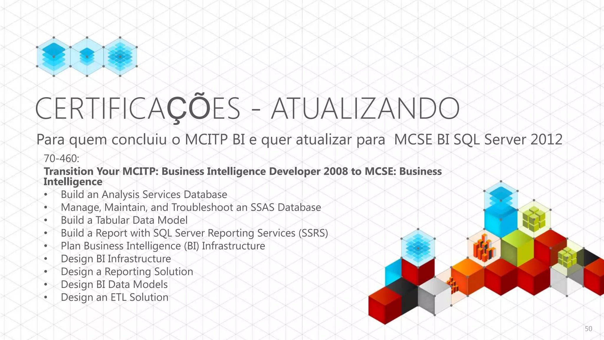 CERTIFICAÇÕES - ATUALIZANDO
Para quem concluiu o MCITP BI e quer atualizar para MCSE BI SQL Server 2012
 70-460:
 Transition Your MCITP: Business Intelligence Developer 2008 to MCSE: Business
 Intelligence
 • Build an Analysis Services Database
 • Manage, Maintain, and Troubleshoot an SSAS Database
 • Build a Tabular Data Model
 • Build a Report with SQL Server Reporting Services (SSRS)
 • Plan Business Intelligence (BI) Infrastructure
 • Design BI Infrastructure
 • Design a Reporting Solution
 • Design BI Data Models
 • Design an ETL Solution

                                                                                 50
 