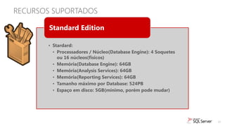 RECURSOS SUPORTADOS

        Standard Edition

       • Stardard:
         • Processadores / Núcleo(Database Engine): 4 Soquetes
           ou 16 núcleos(físicos)
         • Memória(Database Engine): 64GB
         • Memória(Analysis Services): 64GB
         • Memória(Reporting Services): 64GB
         • Tamanho máximo por Database: 524PB
         • Espaço em disco: 5GB(mínimo, porém pode mudar)




                                                                 15
 