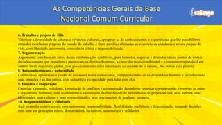 6. Trabalho e projeto de vida
Valorizar a diversidade de saberes e vivências culturais, apropriar-se de conhecimentos e experiências que lhe possibilitem
entender as relações próprias do mundo do trabalho e fazer escolhas alinhadas ao exercício da cidadania e ao seu projeto de
vida, com liberdade, autonomia, consciência crítica e responsabilidade.
7. Argumentação
Argumentar com base em fatos, dados e informações confiáveis, para formular, negociar e defender ideias, pontos de vista e
decisões comuns que respeitem e promovam os direitos humanos, a consciência socioambiental e o consumo responsável em
âmbito local, regional e global, com posicionamento ético em relação ao cuidado de si mesmo, dos outros e do planeta.
8. Autoconhecimento e autocuidado
Conhecer-se, apreciar-se e cuidar de sua saúde física e emocional, compreendendo- se na diversidade humana e reconhecendo
suas emoções e as dos outros, com autocrítica e capacidade para lidar com elas.
9. Empatia e cooperação
Exercitar a empatia, o diálogo, a resolução de conflitos e a cooperação, fazendo-se respeitar e promovendo o respeito ao outro
e aos direitos humanos, com acolhimento e valorização da diversidade de indivíduos e de grupos sociais, seus saberes, suas
identidades, suas culturas e suas potencialidades, sem preconceitos de qualquer natureza.
10. Responsabilidade e cidadania
Agir pessoal e coletivamente com autonomia, responsabilidade, flexibilidade, resiliência e determinação, tomando decisões
com base em princípios éticos, democráticos, inclusivos, sustentáveis e solidários.
 