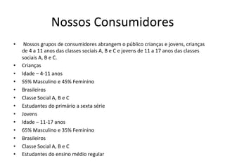 Nossos	
  Consumidores	
  
•  	
  Nossos	
  grupos	
  de	
  consumidores	
  abrangem	
  o	
  público	
  crianças	
  e	
  jovens,	
  crianças	
  
de	
  4	
  a	
  11	
  anos	
  das	
  classes	
  sociais	
  A,	
  B	
  e	
  C	
  e	
  jovens	
  de	
  11	
  a	
  17	
  anos	
  das	
  classes	
  
sociais	
  A,	
  B	
  e	
  C.	
  	
  
•  Crianças	
  
•  Idade	
  –	
  4-­‐11	
  anos	
  
•  55%	
  Masculino	
  e	
  45%	
  Feminino	
  
•  Brasileiros	
  
•  Classe	
  Social	
  A,	
  B	
  e	
  C	
  
•  Estudantes	
  do	
  primário	
  a	
  sexta	
  série	
  
•  Jovens	
  
•  Idade	
  –	
  11-­‐17	
  anos	
  
•  65%	
  Masculino	
  e	
  35%	
  Feminino	
  
•  Brasileiros	
  
•  Classe	
  Social	
  A,	
  B	
  e	
  C	
  
•  Estudantes	
  do	
  ensino	
  médio	
  regular	
  
 
