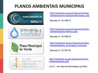 PLANOS AMBIENTAIS MUNICIPAIS
http://campinas.sp.gov.br/governo/meio-
ambiente/plano-saneamento-basico.php
Decreto nº 18.199/13
http://campinas.sp.gov.br/governo/meio-
ambiente/plano-hidricos.php
Decreto nº 19.168/16
http://campinas.sp.gov.br/governo/meio-
ambiente/plano_municipal_verde.php
Decreto nº 19.167/16
http://campinas.sp.gov.br/governo/meio-
ambiente/pmea.php
Lei nº - em fase de formataçao jurídica
 