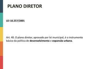 LEI 10.257/2001
Art. 40. O plano diretor, aprovado por lei municipal, é o instrumento
básico da política de desenvolvimento e expansão urbana.
PLANO DIRETOR
 