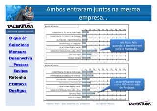 Ambos entraram juntos na mesma
                                             empresa…
Para triunfar é preciso TALENTUM



 O que é?
                                                                                                          … ela ficou feliz
 Selecione                                                                                             quando a transferiram
                                                                                                         para a Fundação…
 Mensure
 Desenvolva
       Pessoas
       Equipes
 Retenha
                                                                                                        …e certificaram este
 Promova                                                                                                como Administrador
                                                                                                            de Projetos.
 Desligue


                                   Talentum Brasil – www.deslanche.com .br/talentum   (© Talentum México)
 