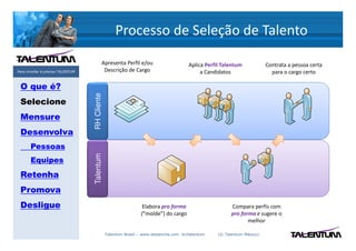 Processo de Seleção de Talento
                                                Apresenta Perfil e/ou                    Aplica Perfil Talentum            Contrata a pessoa certa
Para triunfar é preciso TALENTUM                 Descrição de Cargo                           a Candidatos                   para o cargo certo

 O que é?
                                   RH Cliente
 Selecione
 Mensure
 Desenvolva
       Pessoas
                                   Talentum




       Equipes
 Retenha
 Promova
 Desligue                                                          Elabora pro forma                       Compara perfis com
                                                                  (“molde”) do cargo                       pro forma e sugere o
                                                                                                                  melhor

                                                 Talentum Brasil – www.deslanche.com .br/talentum    (© Talentum México)
 