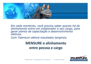 Em cada momento, você precisa saber quanto há de
alinhamento entre um colaborador e seu cargo, para
gerar planos de capacitação e desenvolvimento
efetivos.
Com Talentum obterá resultados tangíveis.

           MENSURE o alinhamento
            entre pessoa e cargo

          Talentum Brasil – www.deslanche.com .br/talentum   (© Talentum México)
                                                                                   Para triunfar é preciso TALENTUM
 