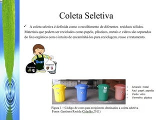 Coleta Seletiva
 A coleta seletiva é definida como o recolhimento de diferentes resíduos sólidos.
Materiais que podem ser reciclados como papéis, plásticos, metais e vidros são separados
do lixo orgânico com o intuito de encaminhá-los para reciclagem, reuso e tratamento.
 