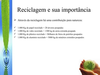 Reciclagem e sua importância
 Através da reciclagem há uma contribuição para natureza:
 1.000 Kg de papel reciclado = 20 árvores poupadas
 1.000 Kg de vidro reciclado = 1300 kg de areia extraída poupada
 1.000 Kg de plástico reciclado = Milhares de litros de petróleo poupados
 1.000 Kg de alumínio reciclado = 5000 kg de minérios extraídos poupados
 