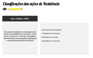 Classiﬁcações das ações de Resistência
ao consumo:
Close e Zinkhan (2009)
Os autores realizaram uma pesquisa de
campo de resistência ao consumo, avali-
ando o consumo no dia dos namorados,
demonstrando preocupações ideológicas
e comportamentais dos indivíduos.
Comportamentos percebidos:
1) Resistência a Presentes
2) Resistência ao varejo
3) Resistência ao mercado
 