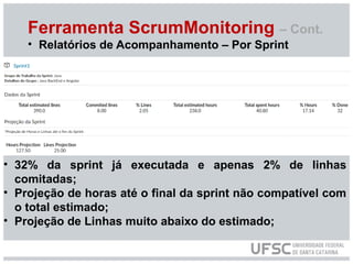 Ferramenta ScrumMonitoring – Cont.
• Relatórios de Acompanhamento – Por Sprint
• 32% da sprint já executada e apenas 2% de linhas
comitadas;
• Projeção de horas até o final da sprint não compatível com
o total estimado;
• Projeção de Linhas muito abaixo do estimado;
 