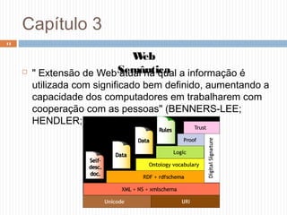Capítulo 3
 " Extensão de Web atual na qual a informação é
utilizada com significado bem definido, aumentando a
capacidade dos computadores em trabalharem com
cooperação com as pessoas" (BENNERS-LEE;
HENDLER; LASSILA, 2001);
14
Web
Semântica
 