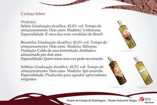 Cachaça Seleta

Produtos
Seleta: Graduação alcoólica: 42,0% vol. Tempo de
armazenamento: Dois anos. Madeira: Umburana.
Especialidade: É uma das mais vendidas do Brasil.

Boazinha: Graduação alcoólica: 42,0% vol. Tempo de
armazenamento: Dois anos. Madeira: Bálsamo.
Produção: Caldo de cana fermentado, destilado e
armazenado por dois anos.
Especialidade: Quem toma uma vez pede novamente.

Saliboa: Graduação alcoólica: 45,5% vol. Tempo de
armazenamento: Dois anos. Madeira: Ipê-amarelo.
Especialidade: Produzida para agradar apreciadores
exigentes.




                           Projeto de Criação de Embalagem | Master Industrial Design
 