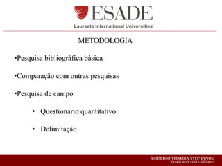 METODOLOGIA

•Pesquisa bibliográfica básica

•Comparação com outras pesquisas

•Pesquisa de campo

      • Questionário quantitativo

      • Delimitação


                                    RODRIGO TEIXEIRA STEPHANOU
                                            TRABALHO DE CONCLUSÃO 2012/1
 