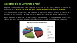 Desafios do TI Verde no Brasil
Segundo o Blog Worpmidia, uma pesquisa realizada em 2011 pela empresa Accenture de
consultoria, o Brasil é o país que mais consome produtos eletrônicos no mundo.
“Os consumidores brasileiros tem superado a população mundial quando o assunto é o
consumo de eletrônicos”, afirma Petrônio Nogueira, executivo sênior da Accenture.
Ainda segundo a pesquisa, em oito países pesquisados, os consumidores brasileiros
são os que mais consomem dispositivos eletrônicos em 15 categorias de produtos.
 
