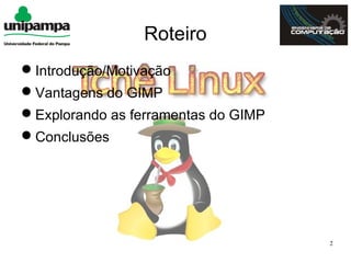 Roteiro
Introdução/Motivação
Vantagens do GIMP
Explorando as ferramentas do GIMP
Conclusões




                                     2
 