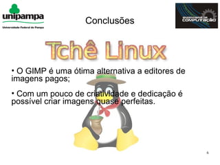 Conclusões




• O GIMP é uma ótima alternativa a editores de
imagens pagos;
• Com um pouco de criatividade e dedicação é
possível criar imagens quase perfeitas.




                                                 6
 