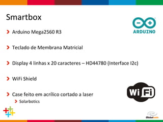Globalcode – Open4education
Smartbox
Arduino Mega2560 R3
Teclado de Membrana Matricial
Display 4 linhas x 20 caracteres – HD44780 (Interface I2c)
WiFi Shield
Case feito em acrílico cortado a laser
Solarbotics
 