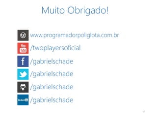 Muito Obrigado!!
17
/gabrielschade
www.programadorpoliglota.com.br
/twoplayersoficial
/gabrielschade
/gabrielschade
/gabrielschade
 