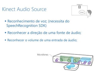  Reconhecimento de voz; (necessita do
SpeechRecognition SDK)
 Reconhecer a direção de uma fonte de áudio;
 Reconhecer o volume de uma entrada de áudio;
Kinect Audio Source
6
Microfones
 